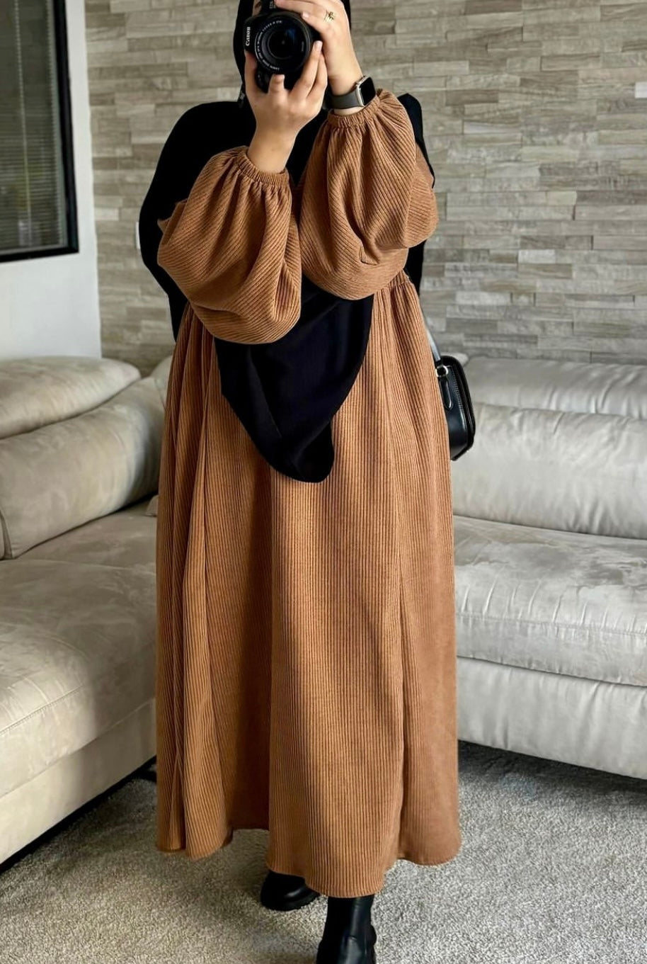 abaya à manches bouffantes velours